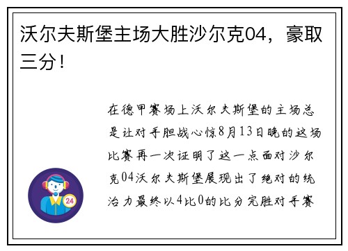 沃尔夫斯堡主场大胜沙尔克04，豪取三分！