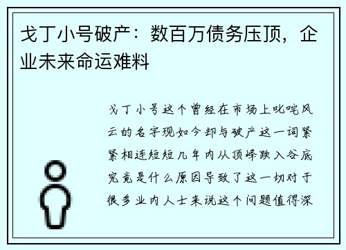 戈丁小号破产：数百万债务压顶，企业未来命运难料