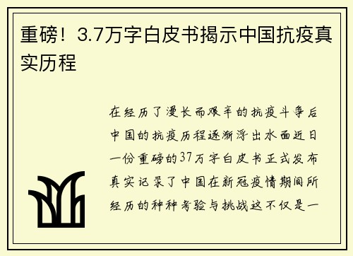 重磅！3.7万字白皮书揭示中国抗疫真实历程